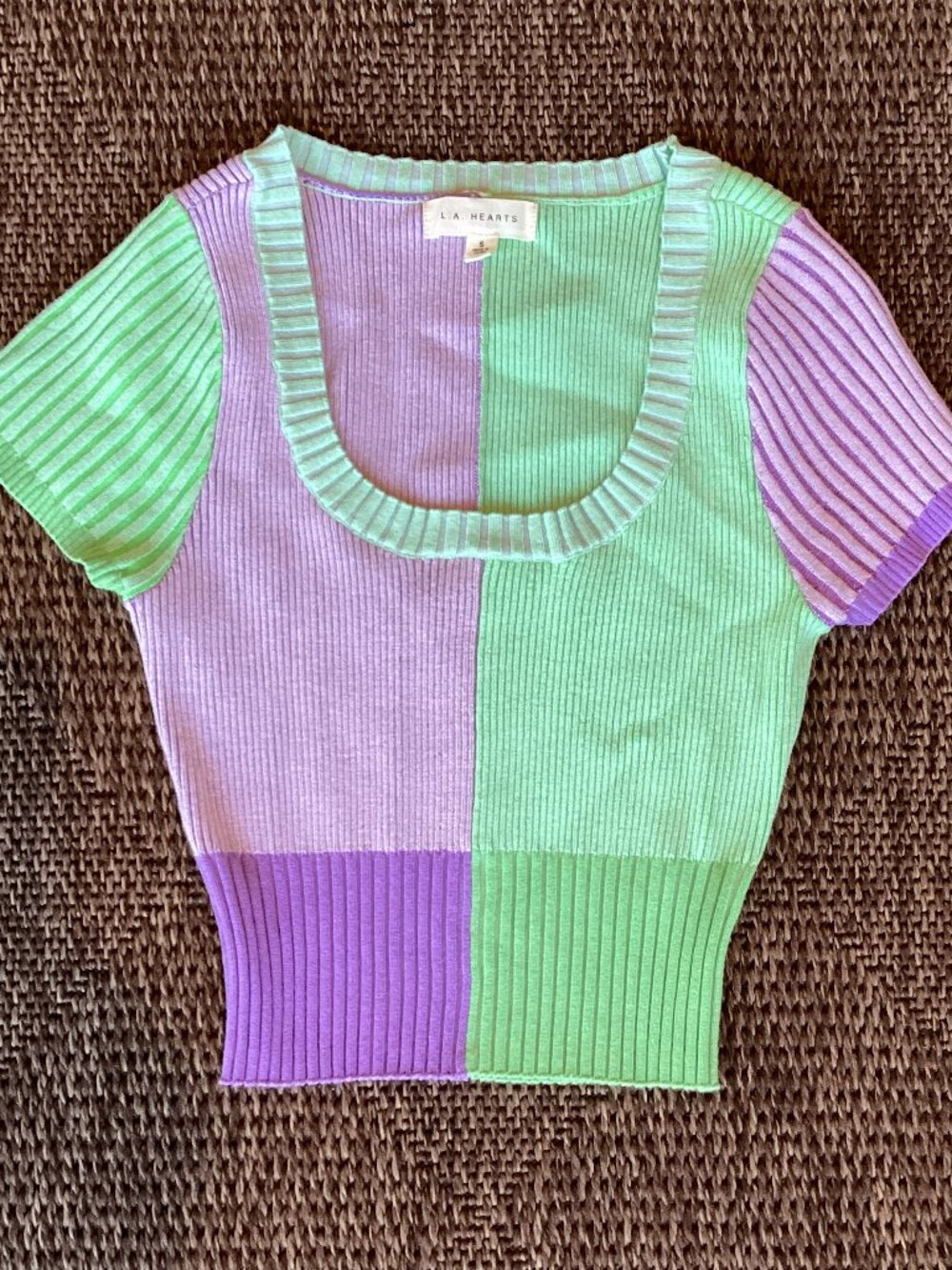 L.A. Hearts Purple and Green Colorblock Short-sleeved Ribbed Sweater Top - Small